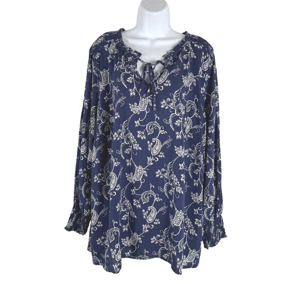 Talbots Blouse Top 2X Blue White Paisley Long Sleeve‎ Rayon NWT TP-3362 - Picture 1 of 8